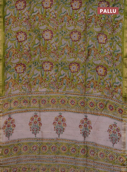 Chanderi Bagru saree light green and beige with allover prints and mageshwari border