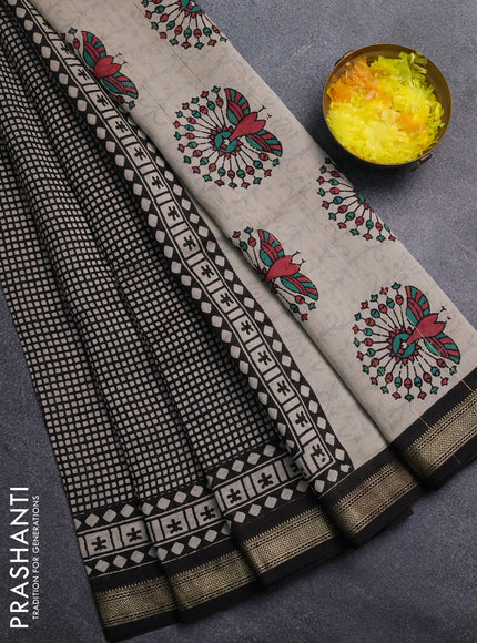 Chanderi Bagru saree black and beige with allover geometric prints and mageshwari border