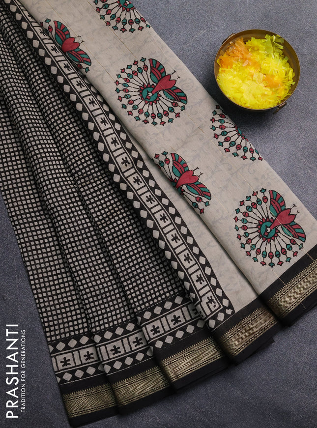 Chanderi Bagru saree black and beige with allover geometric prints and mageshwari border