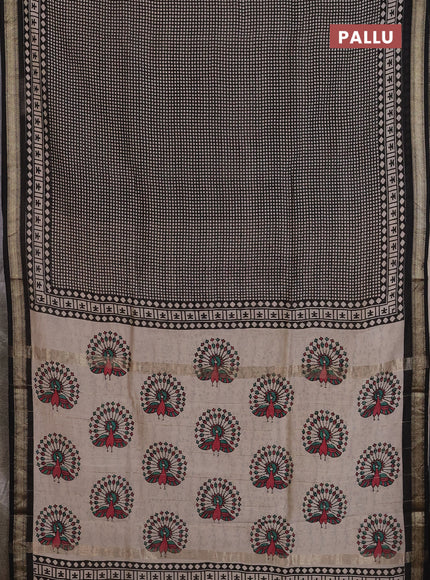 Chanderi Bagru saree black and beige with allover geometric prints and mageshwari border