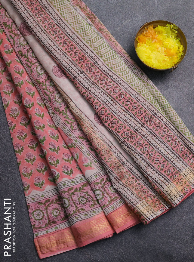 Chanderi Bagru saree peach shade and beige with allover butta prints and mageshwari border