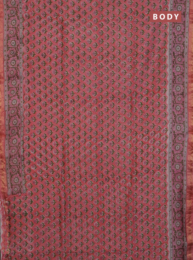 Chanderi Bagru saree peach shade and beige with allover butta prints and mageshwari border