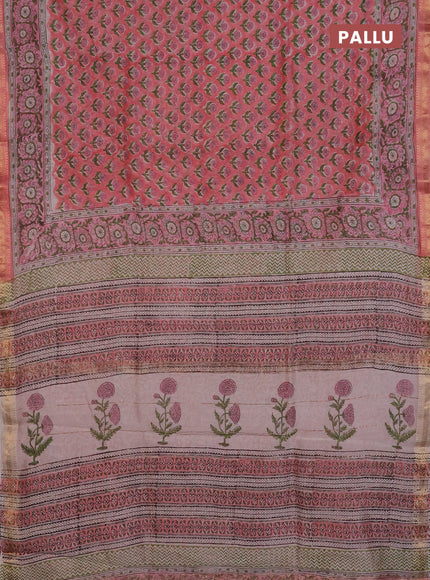 Chanderi Bagru saree peach shade and beige with allover butta prints and mageshwari border