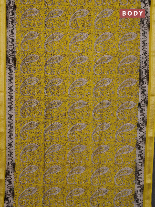 Chanderi Bagru saree yellow and beige with allover prints and mageshwari border