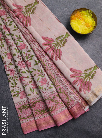 Chanderi Bagru saree cream and light pink with allover prints and mageshwari border
