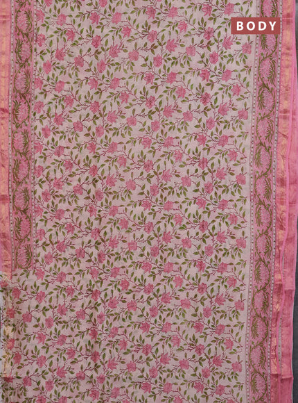 Chanderi Bagru saree cream and light pink with allover prints and mageshwari border