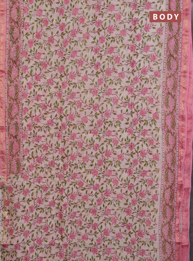 Chanderi Bagru saree cream and light pink with allover prints and mageshwari border