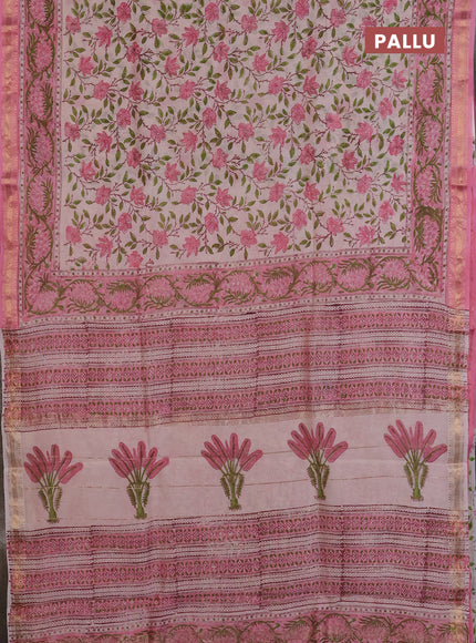 Chanderi Bagru saree cream and light pink with allover prints and mageshwari border