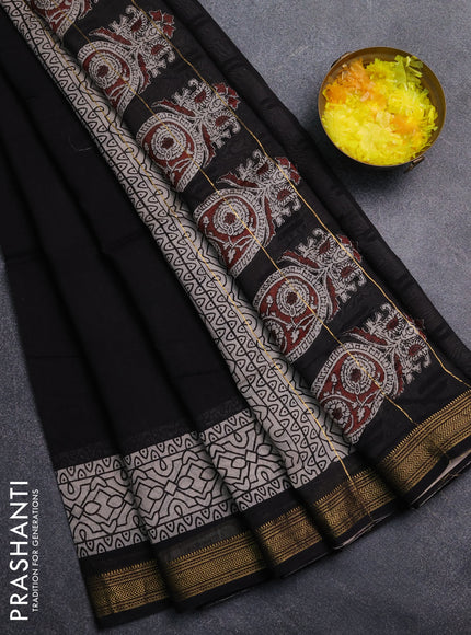 Chanderi Bagru saree black and beige with plain body and mageshwari border