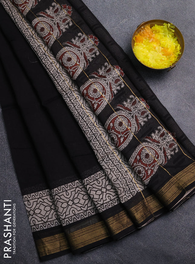 Chanderi Bagru saree black and beige with plain body and mageshwari border