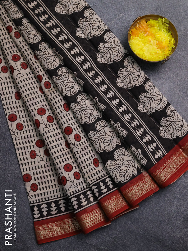 Chanderi Bagru saree beige and rust shade with allover butta prints and mageshwari border