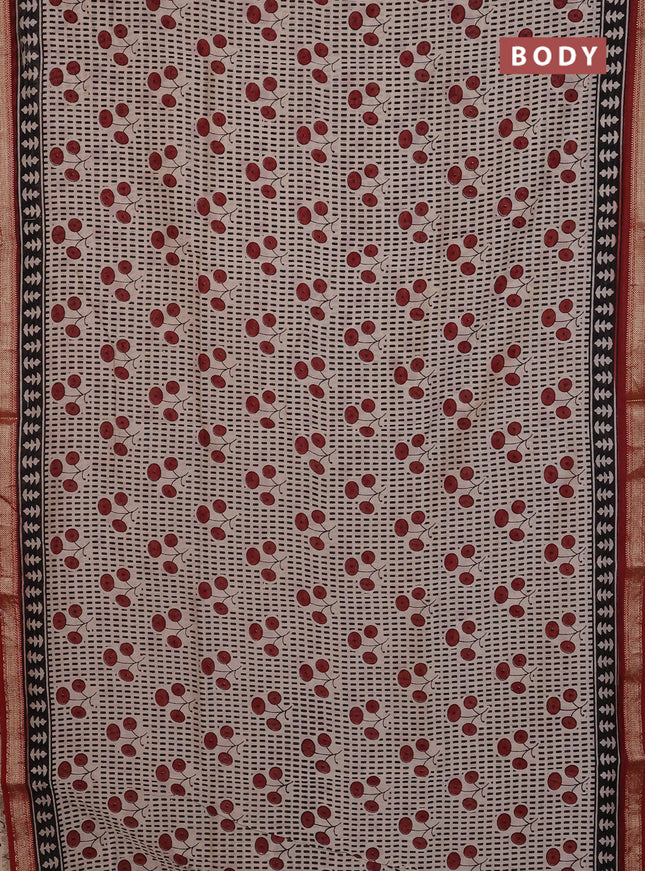 Chanderi Bagru saree beige and rust shade with allover butta prints and mageshwari border