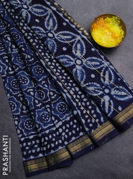 Chanderi Bagru saree navy blue with allover ikat prints and mageshwari border