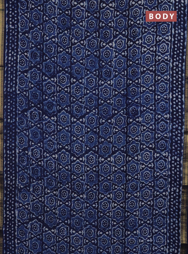 Chanderi Bagru saree navy blue with allover ikat prints and mageshwari border
