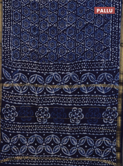 Chanderi Bagru saree navy blue with allover ikat prints and mageshwari border