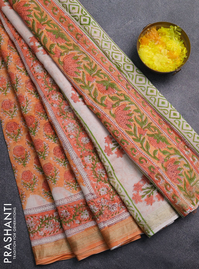 Chanderi Bagru saree peach shade and orange with allover butta prints and mageshwari border