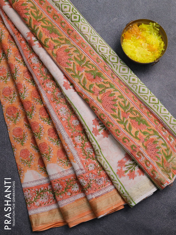 Chanderi Bagru saree peach shade and orange with allover butta prints and mageshwari border