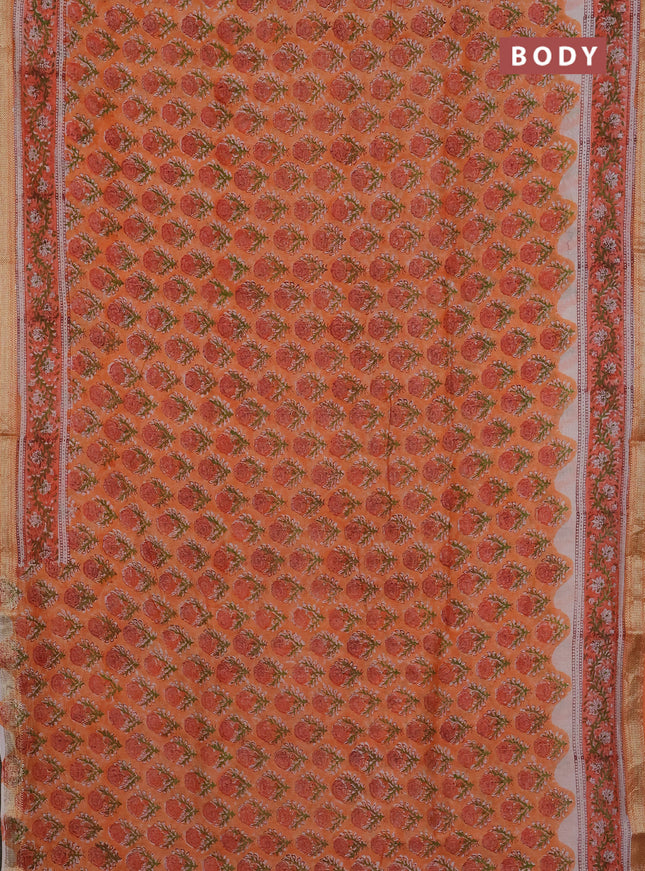 Chanderi Bagru saree peach shade and orange with allover butta prints and mageshwari border