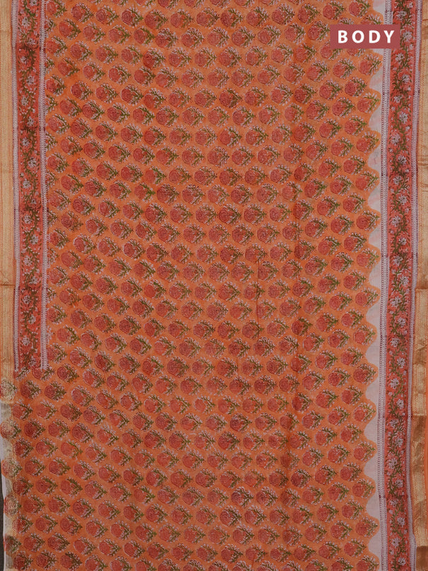 Chanderi Bagru saree peach shade and orange with allover butta prints and mageshwari border