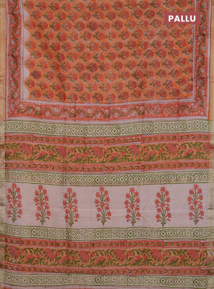 Chanderi Bagru saree peach shade and orange with allover butta prints and mageshwari border