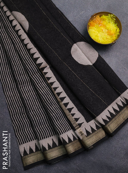 Chanderi Bagru saree black and beige with allover prints and mageshwari border