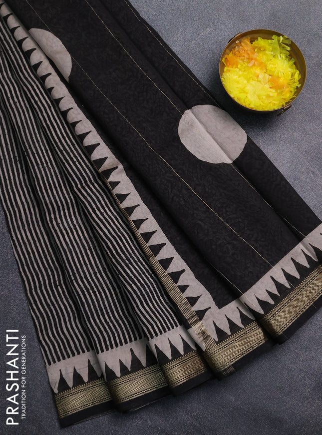 Chanderi Bagru saree black and beige with allover prints and mageshwari border