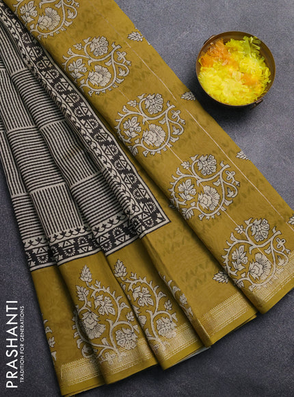 Chanderi Bagru saree beige and mustard green with allover geometric prints and mageshwari border