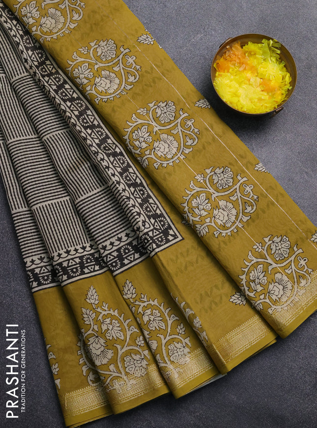 Chanderi Bagru saree beige and mustard green with allover geometric prints and mageshwari border