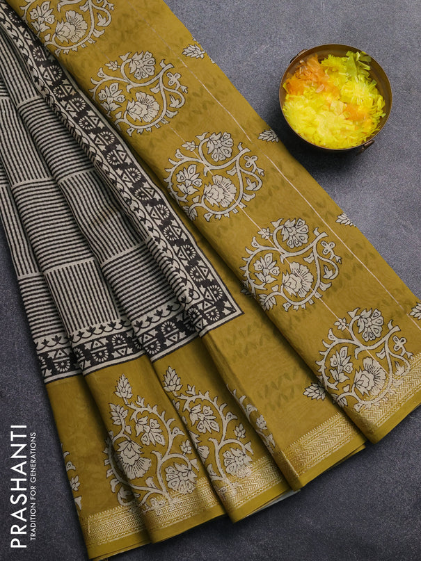 Chanderi Bagru saree beige and mustard green with allover geometric prints and mageshwari border