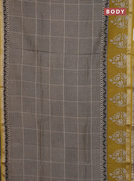 Chanderi Bagru saree beige and mustard green with allover geometric prints and mageshwari border