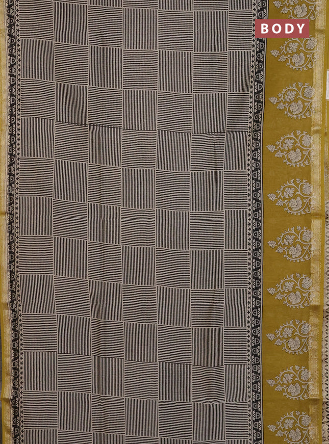Chanderi Bagru saree beige and mustard green with allover geometric prints and mageshwari border