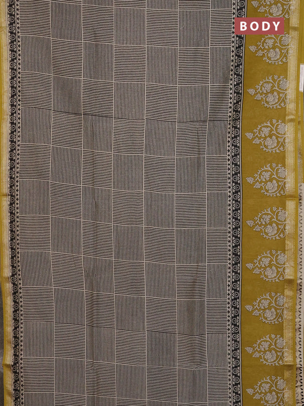 Chanderi Bagru saree beige and mustard green with allover geometric prints and mageshwari border