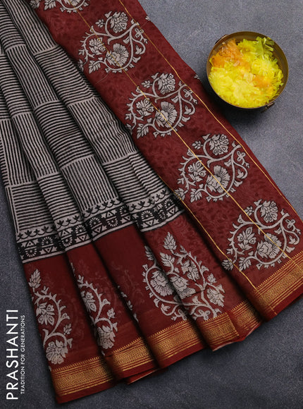 Chanderi Bagru saree black and maroon with allover geometric prints and mageshwari border