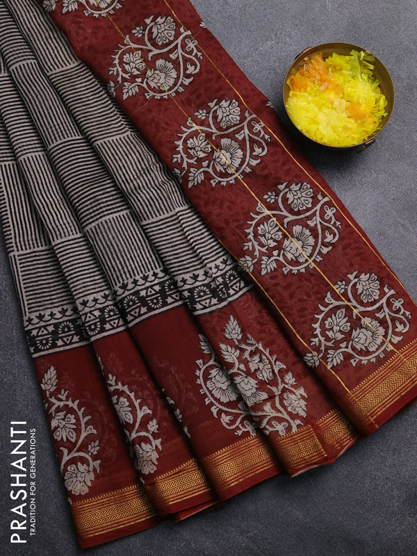 Chanderi Bagru saree black and maroon with allover geometric prints and mageshwari border