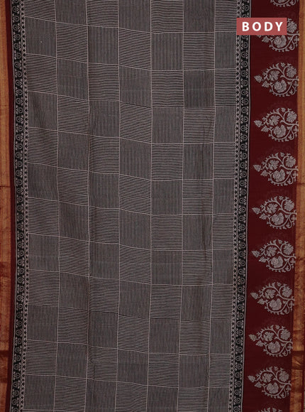Chanderi Bagru saree black and maroon with allover geometric prints and mageshwari border
