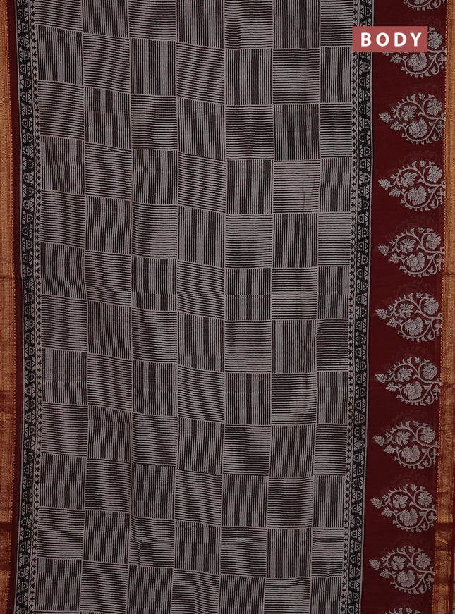 Chanderi Bagru saree black and maroon with allover geometric prints and mageshwari border
