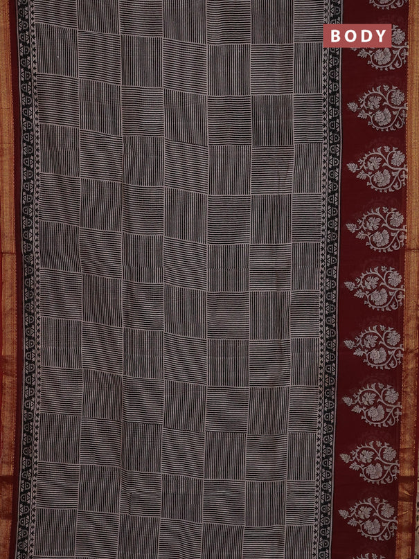 Chanderi Bagru saree black and maroon with allover geometric prints and mageshwari border