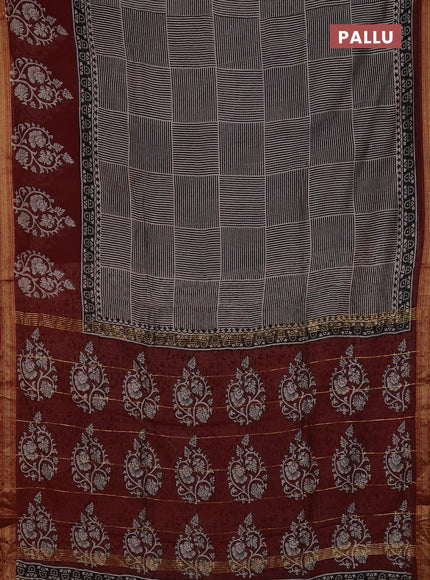 Chanderi Bagru saree black and maroon with allover geometric prints and mageshwari border