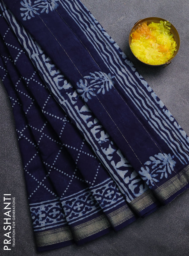 Chanderi Bagru saree navy blue with allover geometric prints and mageshwari border