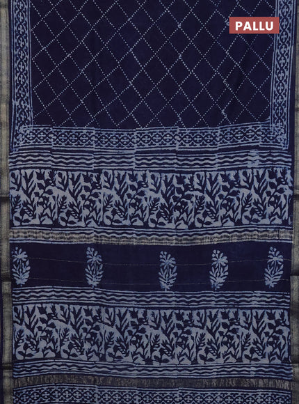 Chanderi Bagru saree navy blue with allover geometric prints and mageshwari border