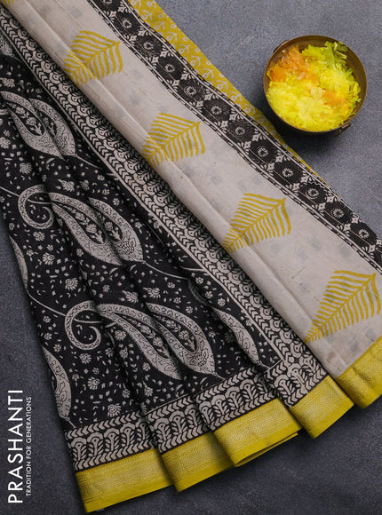 Chanderi Bagru saree black and yellow with allover prints and mageshwari border