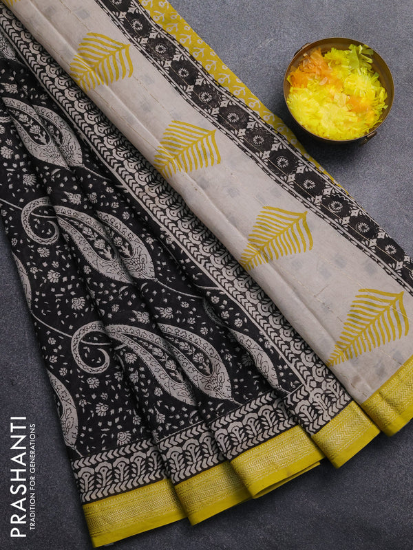 Chanderi Bagru saree black and yellow with allover prints and mageshwari border