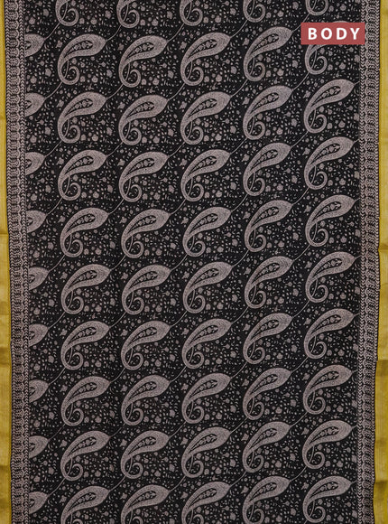Chanderi Bagru saree black and yellow with allover prints and mageshwari border