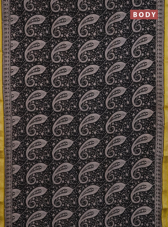 Chanderi Bagru saree black and yellow with allover prints and mageshwari border