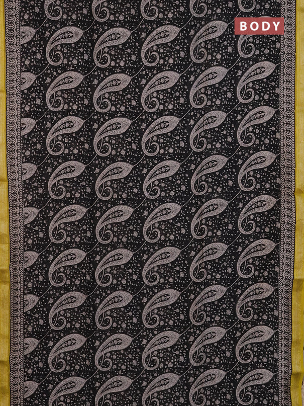 Chanderi Bagru saree black and yellow with allover prints and mageshwari border