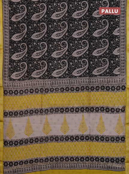 Chanderi Bagru saree black and yellow with allover prints and mageshwari border