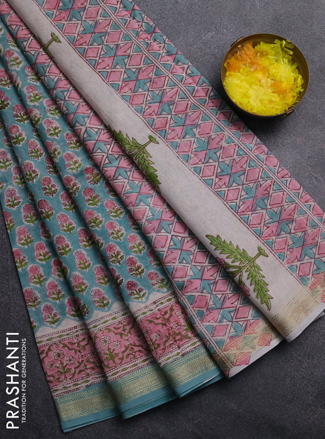 Chanderi Bagru saree teal blue and light pink with allover floral butta prints and mageshwari border