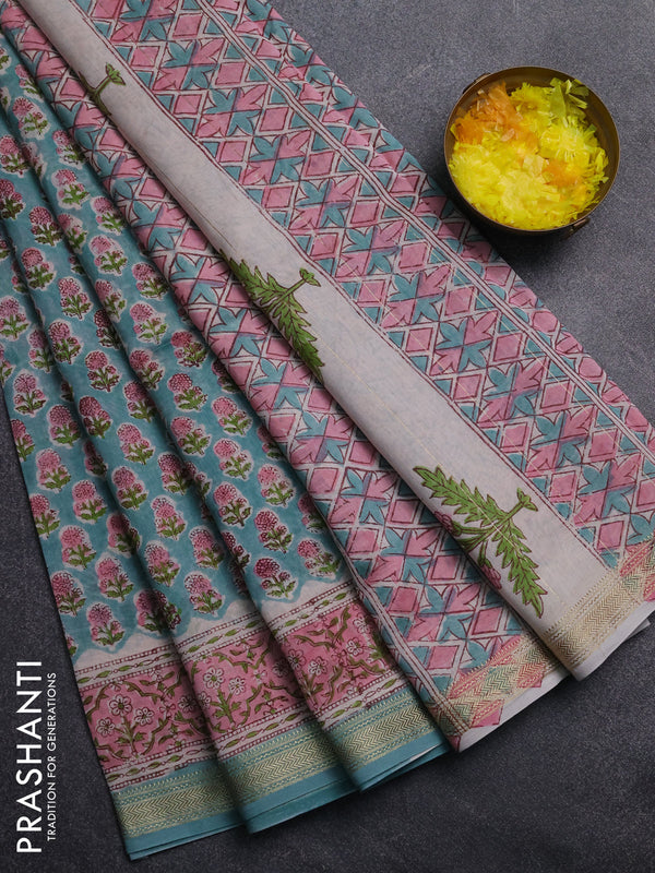 Chanderi Bagru saree teal blue and light pink with allover floral butta prints and mageshwari border