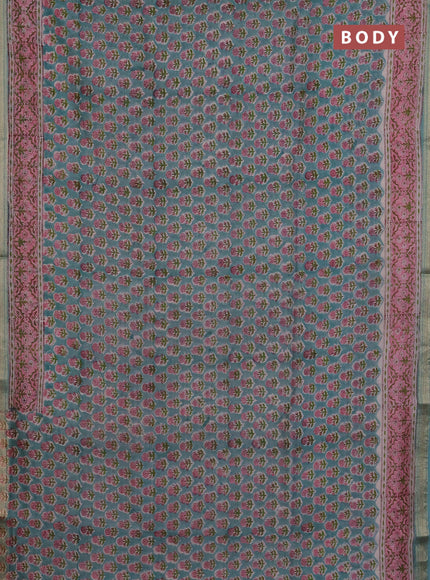 Chanderi Bagru saree teal blue and light pink with allover floral butta prints and mageshwari border