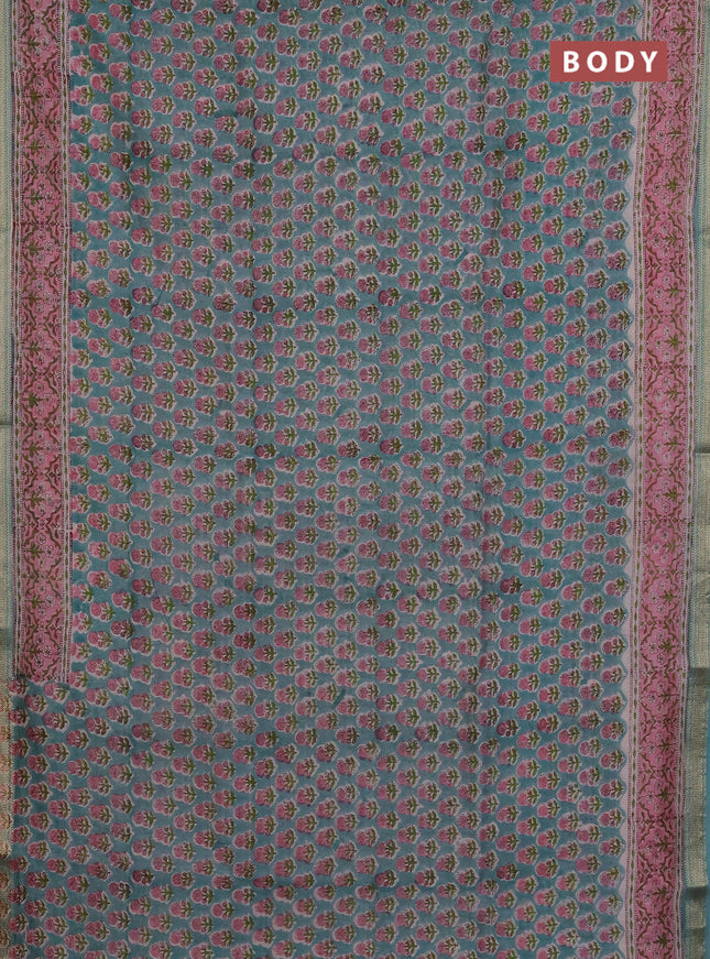 Chanderi Bagru saree teal blue and light pink with allover floral butta prints and mageshwari border